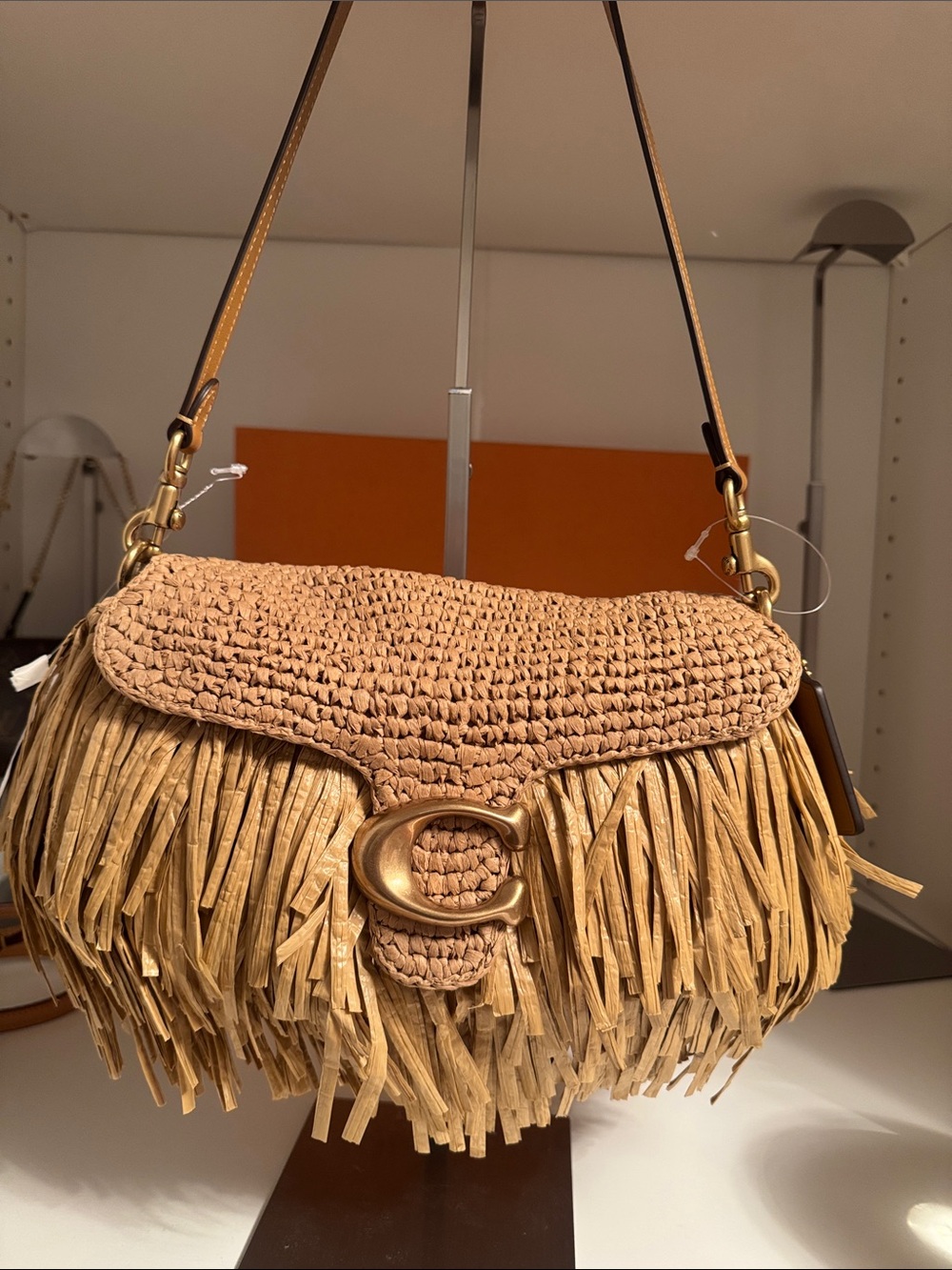 Coach Raffia Fringe Shoulder Bag in Tan with Gold 'C' Hardware